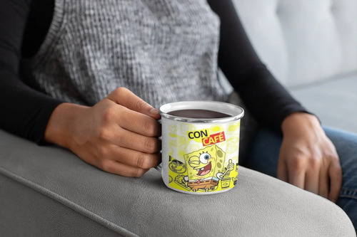 Taza Enlozada Bob Esponja, Alegría En Tu Taza Blanco Bob Esponja Con Cafe