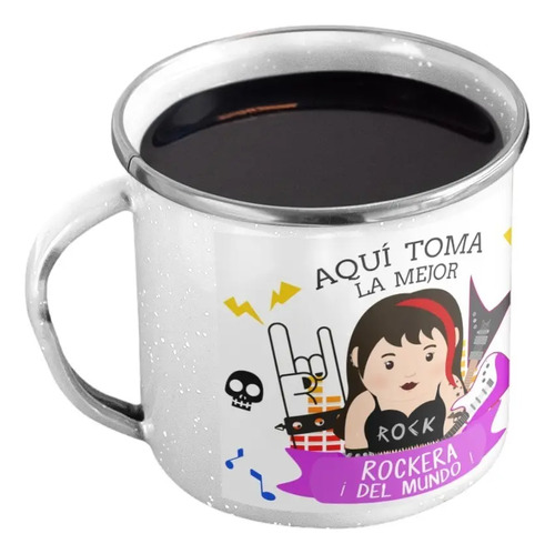 Taza Enlozada Estrella De Rock Femenina - Riffs Y Rebeldía Blanco Regalo