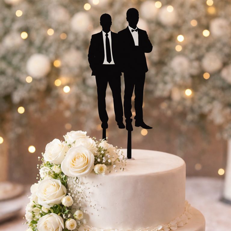 Topper Torta Matromonio LGBTQ+ Pareja Traje MDF Negro 15x15 cm