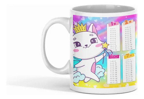 Taza Enlozada Con Tabla De Multiplicar Y Adorables Gatitos Blanco