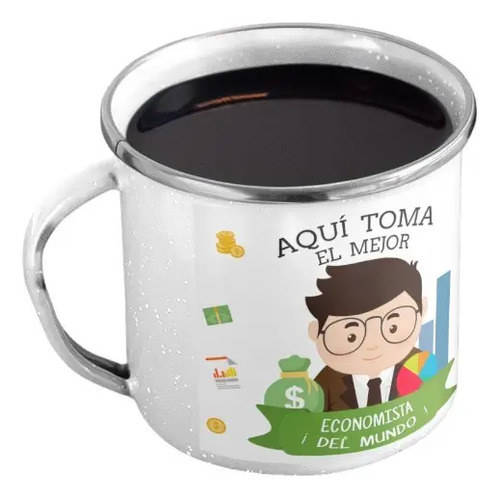 Taza Enlozada Entre Gráficos Y Granos De Café - Economista Blanco
