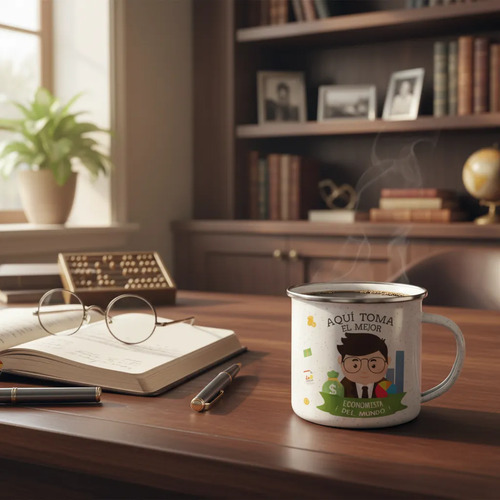 Taza Enlozada Entre Gráficos Y Granos De Café - Economista Blanco