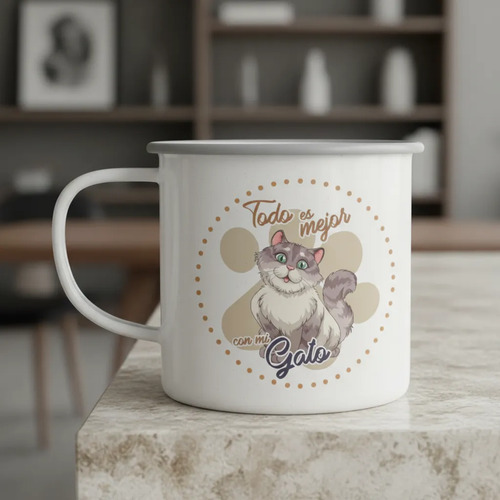Taza Enlozada Gato Kiut - ¡estilo Felino En Tu Taza! Blanco
