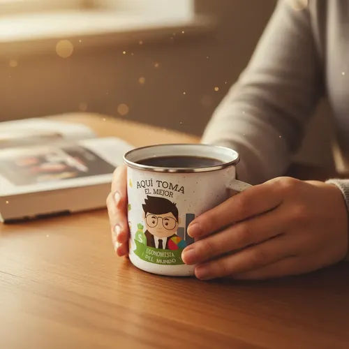 Taza Enlozada Entre Gráficos Y Granos De Café - Economista Blanco
