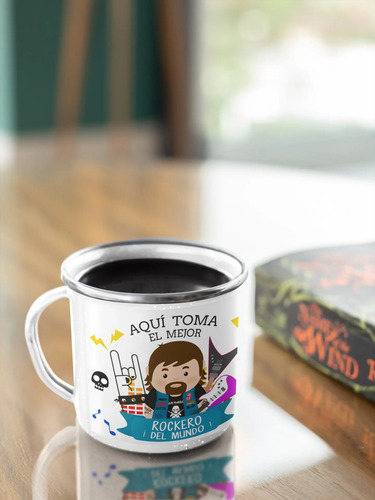 Taza Enlozada Guitarra Y Grit - Rock Puro Blanco Papa Rockero