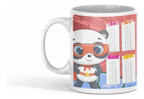 Taza Panda Superhéroe Con Tabla De Multiplicar Blanco