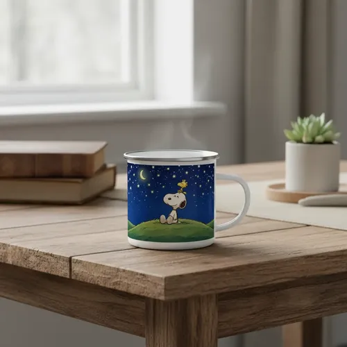 Taza Cilíndrica Lechero 300 Ml Snoopy Gris Snoopy Woodstock Noche