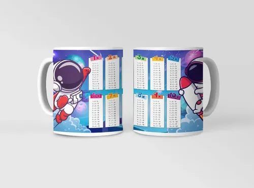 Taza Espacial Con Astronautas Y Tabla De Multiplicar Blanco