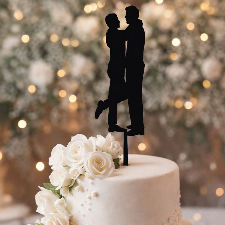 Topper Torta Matrimonio LGBTQ+ Pareja Abrazada MDF Negro 15x15 cm
