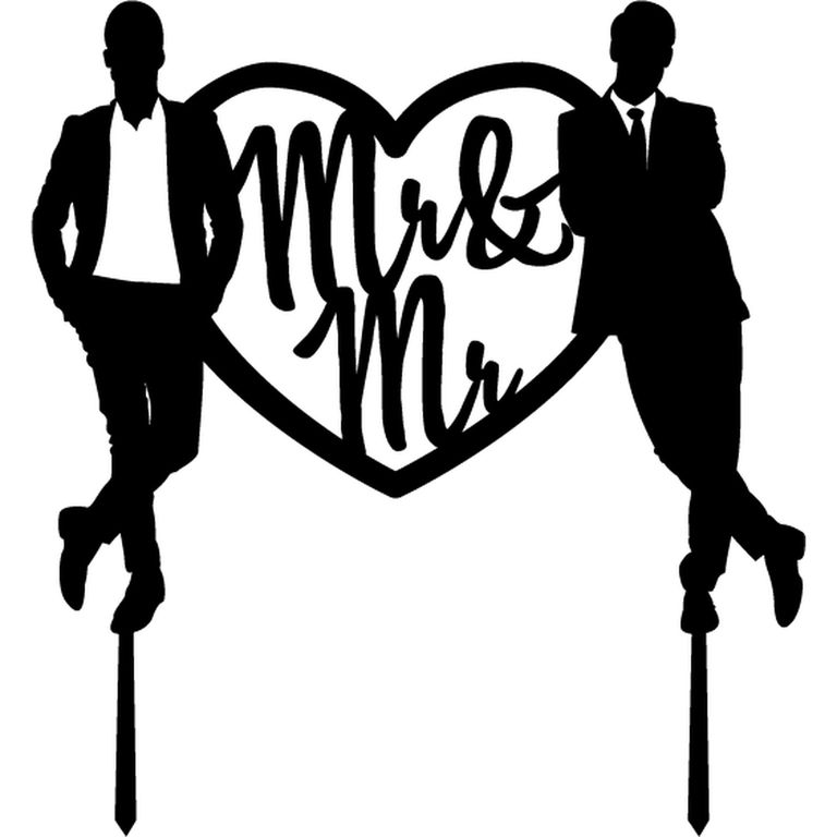 Topper Torta Mr & Mr Corazón Matrimonio LGBTQ+ MDF Negro 15x15 cm