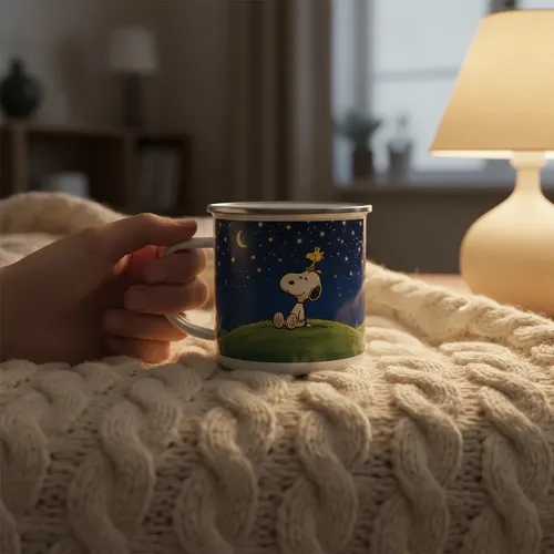 Taza Cilíndrica Lechero 300 Ml Snoopy Gris Snoopy Woodstock Noche