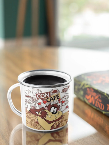 Taza Enlozada Tazmaña De Looney Tunes Con Cafe Sin Cafe Blanco Regalo Tazmaña