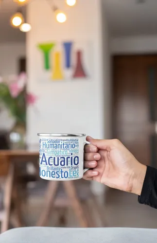 Taza Enlozada Acuario - Libertad Y Fraternidad Blanco Signos Zodiaco