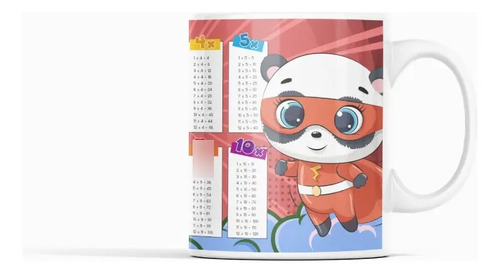 Taza Panda Superhéroe Con Tabla De Multiplicar Blanco