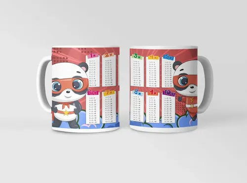 Taza Panda Superhéroe Con Tabla De Multiplicar Blanco