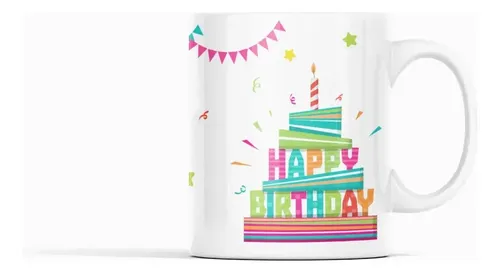 Taza Feliz Cumpleaños Diseño Festivo Blanco