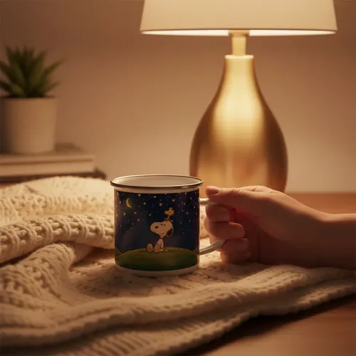 Taza Cilíndrica Lechero 300 Ml Snoopy Gris Snoopy Woodstock Noche