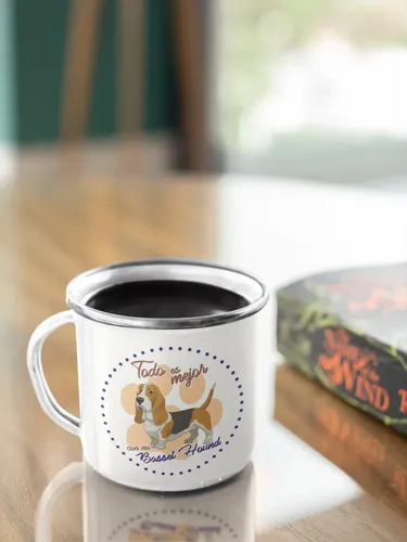 Taza Enlozada Basset Hound - Melancolía Elegante. Blanco Regalo Basset Hound