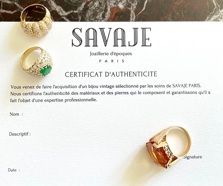 Savaje Paris propose un certificat d'authenticité avec chacun de ses bijoux anciens