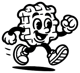 Hartybake Flat waffle mascot character running — brand illustration for the Flat extra-thin crispy Belgian waffle product line