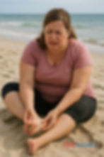 A woman sat on the beach rubbing her heel.