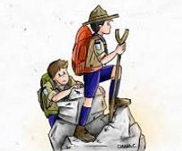 Immagine con due scout che camminano su una montgna.
Disego di Chiara Campioni.