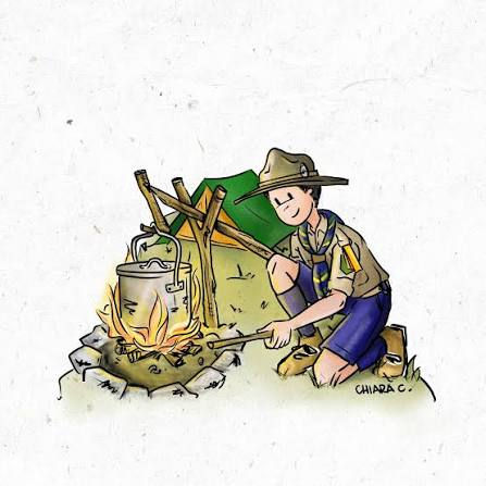 Disegno di uno scout che accende il fuoco