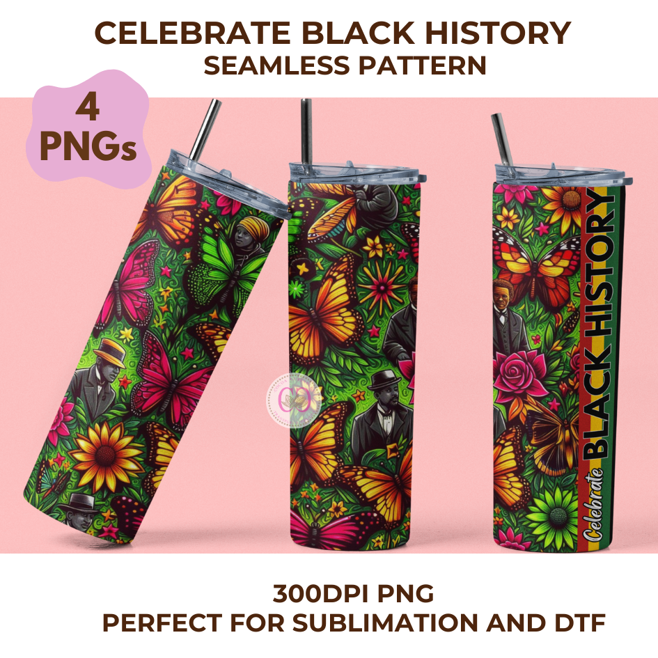 Thumbnail: Black History Seamless Pattern Floral & Butterfly 4 PNGs | Digital File PNG