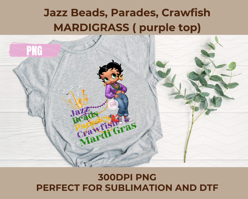 Thumbnail: Betty Boop Purple Mardi Gras Jazz Beads Parades Crawfish | Digital File PNG