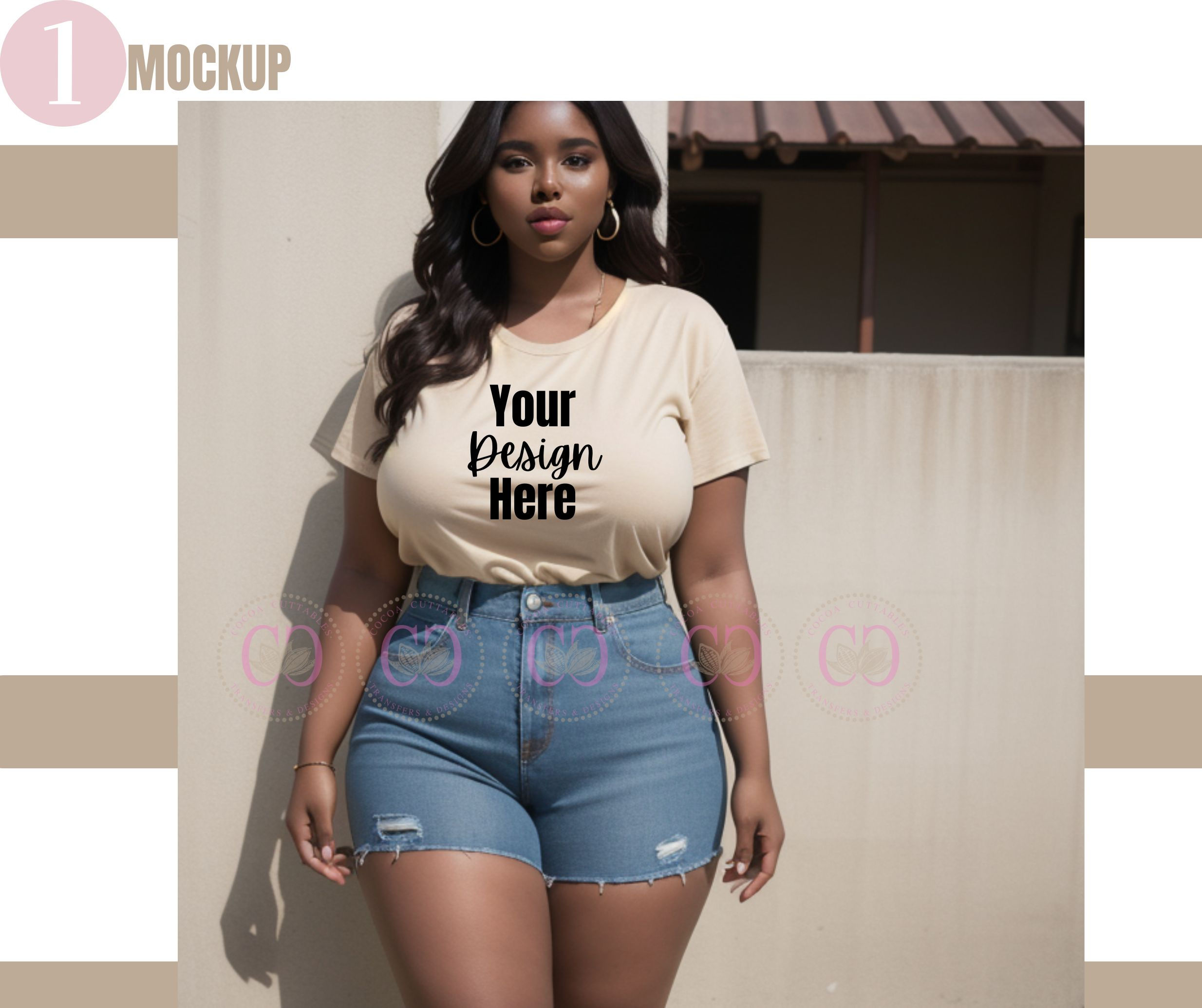 Plus Size Tan T-shirt Mockup: Black Woman Mockup  | Instant Download