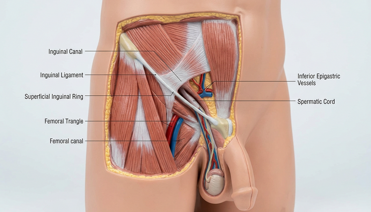 Front view of a medical anatomy model showing the lower abdomen and groin area.