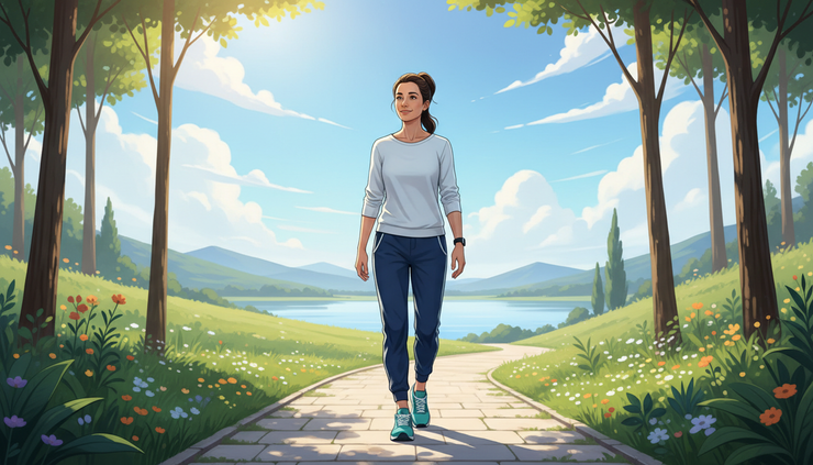 Wide-angle view of a person walking outdoors during recovery after gallbladder surgery.