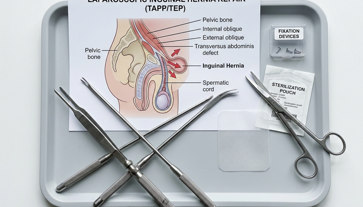 Overhead view of a simple medical illustration showing laparoscopic hernia repair tools and mesh.