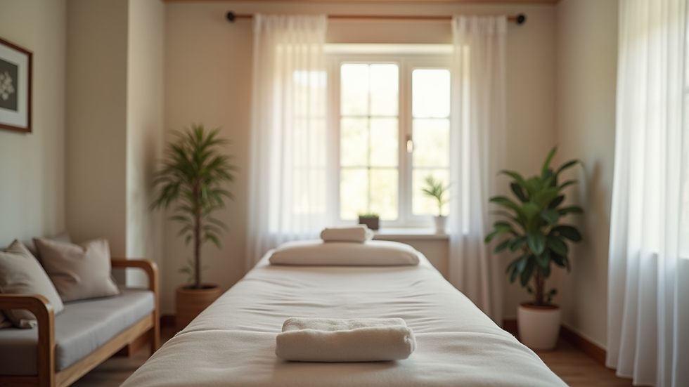 Eye-level view of a cozy osteopathy clinic room with treatment table