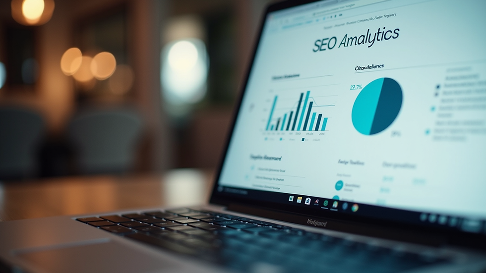 Eye-level view of a laptop displaying a blog with SEO analytics