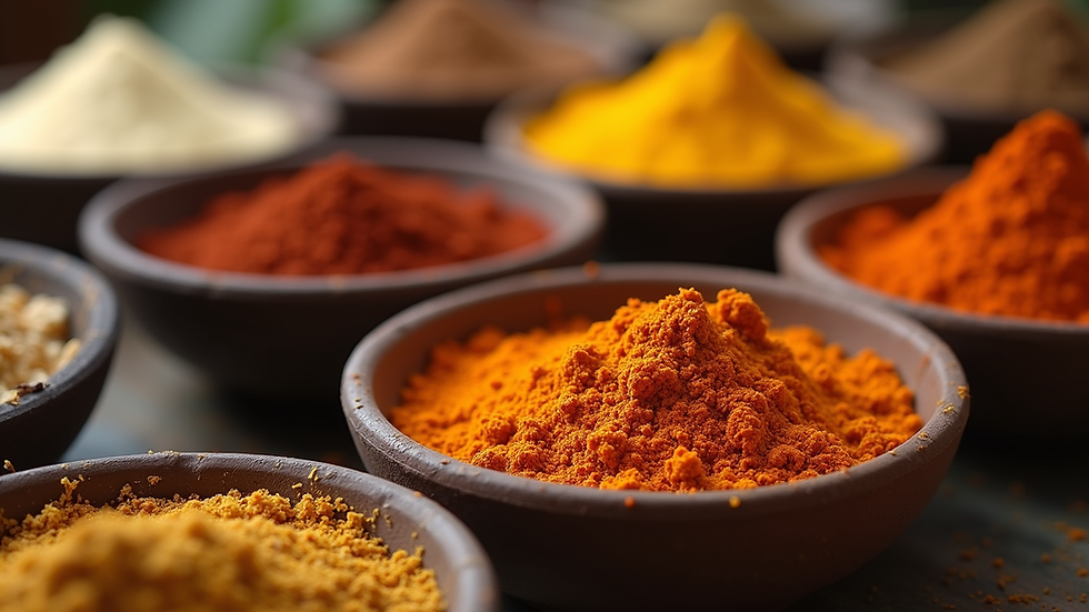 Close-up view of assorted Indian spices in small bowls