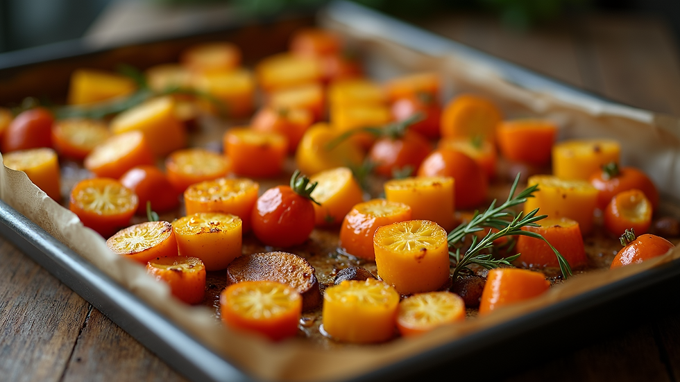 High angle view of golden roasted vegetables on a baking tray