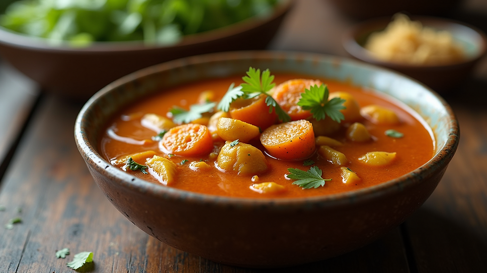 Close-up view of a bowl of Iyengar Sambar with vegetables