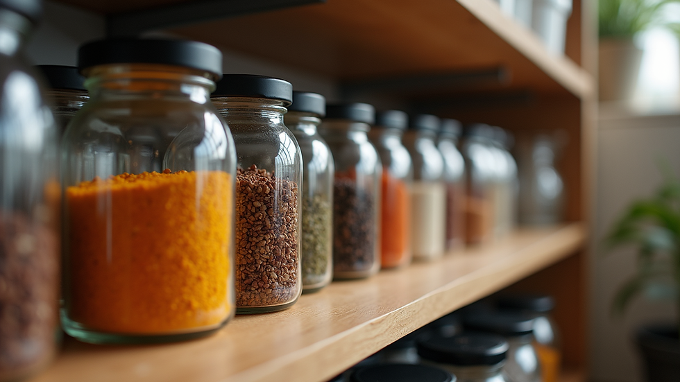Eye-level view of spice jars neatly arranged on a kitchen shelf