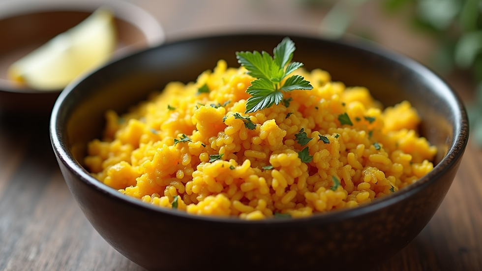 Eye-level view of a bowl of turmeric rice with herbs