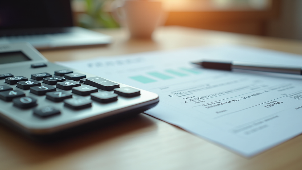 Close-up view of a calculator and tax forms on a wooden desk