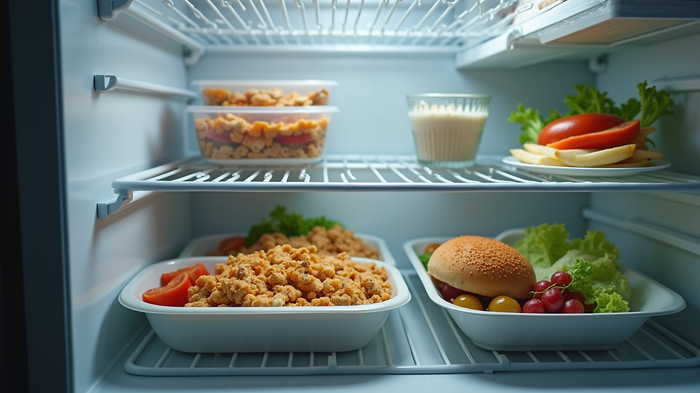 Eye-level view of a freezer with organized frozen low carb meals