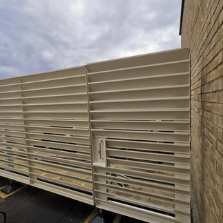 architectural screening (façades), powder coated louvre screens, galvanised free standing steelwork, access gate, roof screen, plant screen
