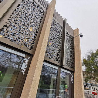 Architectural, Screening, Facades, Metal, Aluminium,Cladding, Profile panels, PPC Bronze, decorative panels, Fretwork, solar shading, brise soleil