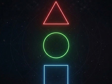 Glowing red triangle, green circle, and blue square stacked vertically on a dark, starry background.