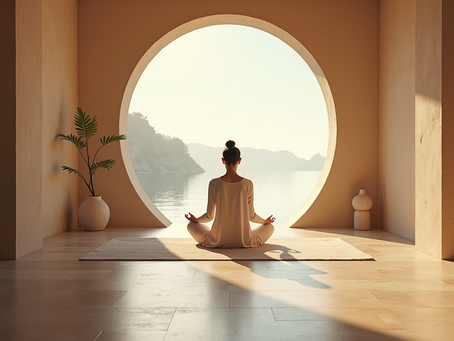 Eye-level view of serene meditation space with natural light