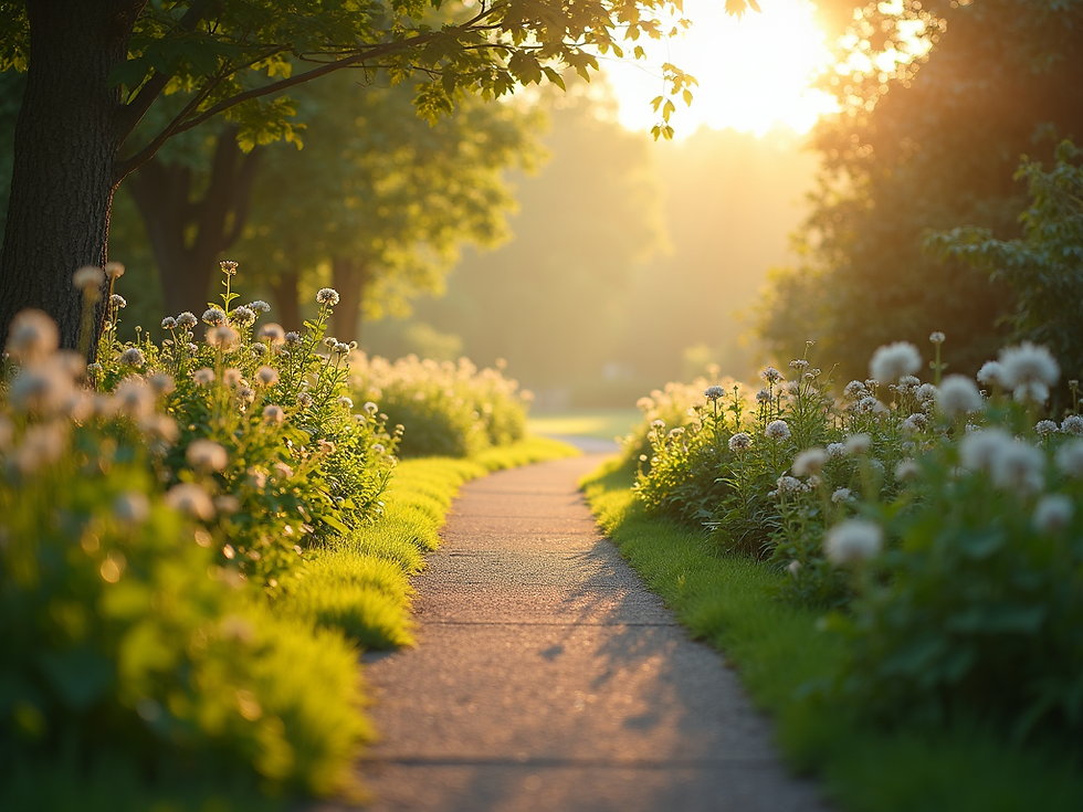 A peaceful garden path winding through soft morning light representing the start of a healing journey.