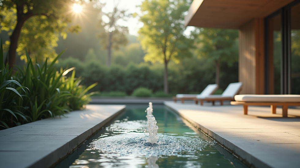 Eye-level view of a serene outdoor space with a calming water feature