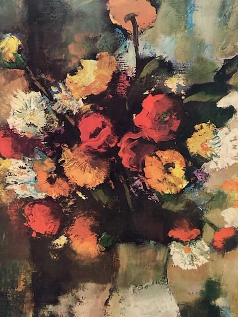 Hand-painted floral artwork featuring bold, expressive brushstrokes of red, orange, yellow, white, and purple blooms against a dark green and black background.