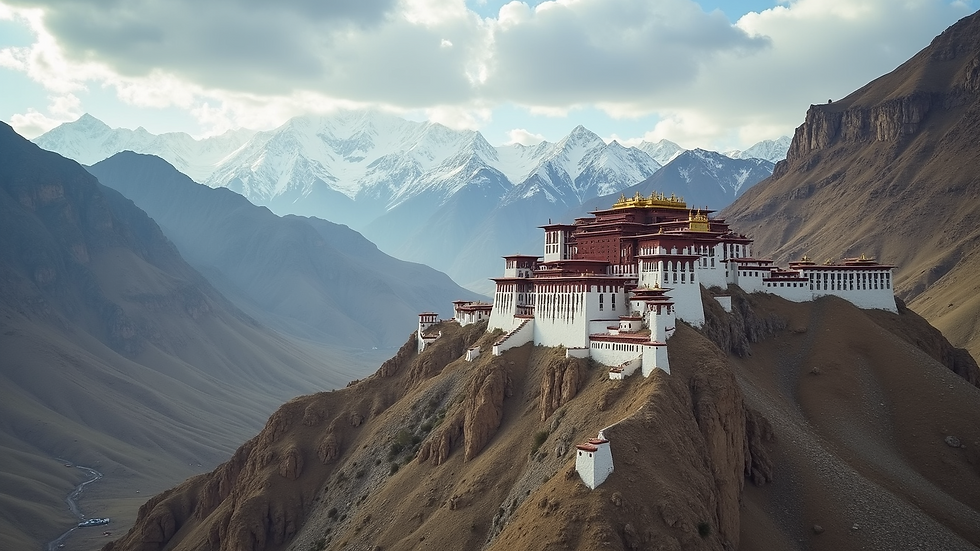 High angle view of Leh Palace nestled in the mountains